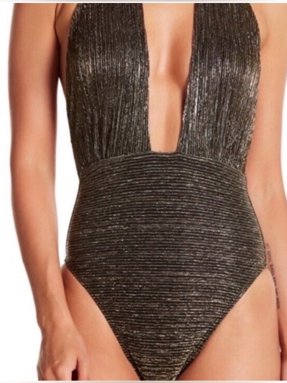 La Blanca Gold Shimmer Metallic Plunge Halter  Swimsuit W/Tummy Control Sz 12
